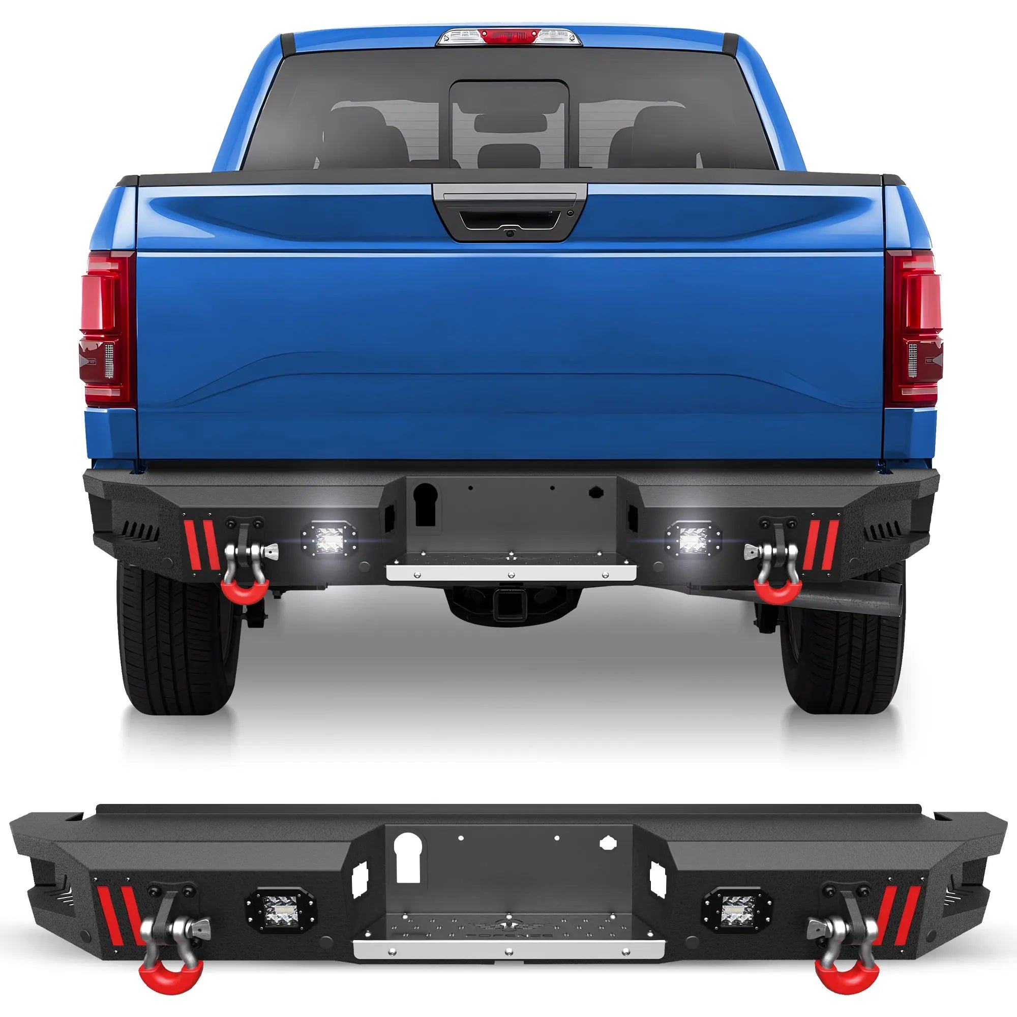 Rear Bumper Compatible with Ford F-150 2015-2023, Textured Black Pickup Truck F150 Bumper with Stainless Steel Step Plate, Lights and D-ring (Excluding Raptor & Ecoboost) POFENZE