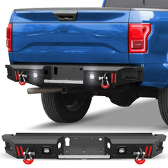 Rear Bumper Compatible with Ford F-150 2015-2023, Textured Black Pickup Truck F150 Bumper with Stainless Steel Step Plate, Lights and D-ring (Excluding Raptor & Ecoboost) POFENZE