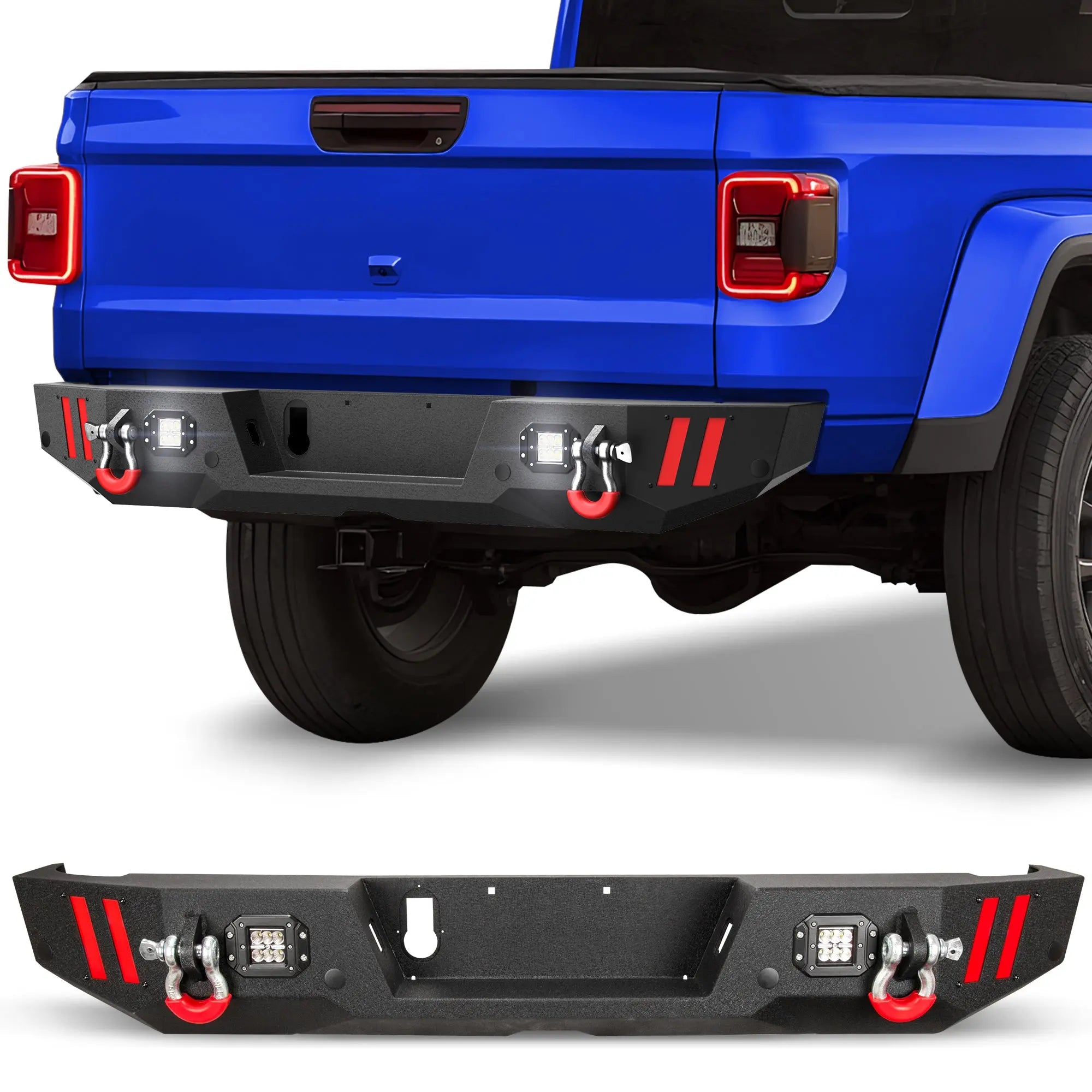 Rear Bumper Compatible with Jeep Gladiator JT 2020 2021 2022 2023 2024, Textured Black Pickup Truck Bumper for 2020-2024 Gladiator JT, with Step Plate, Lights, Sensor Holes and D-rings POFENZE
