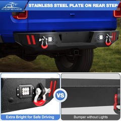 Rear Bumper Compatible with Jeep Gladiator JT 2020 2021 2022 2023 2024, Textured Black Pickup Truck Bumper for 2020-2024 Gladiator JT, with Step Plate, Lights, Sensor Holes and D-rings POFENZE