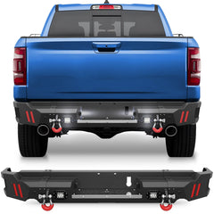 Rear Bumper Compatible with Ram 1500 2019-2024, Textured Black Pickup Truck Bumper for Ram 1500, with Step Plate, Lights, Sensor Holes and D-rings (Exclude Classic) POFENZE