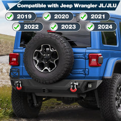 Rear Bumper Full Width for Wrangler JL JLU 2019-2024, Textured Black Rear Bumper with 2" Hitch Receiver POFENZE