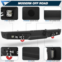 Rear Bumper for 1992-1997 F150 Full Width Offroad Bumper w/Step Plate, 2x18w Lights, D-rings, License Plate Lights for 1992-1997 Ford F150 F250 F350 Pickup Trucks POFENZE