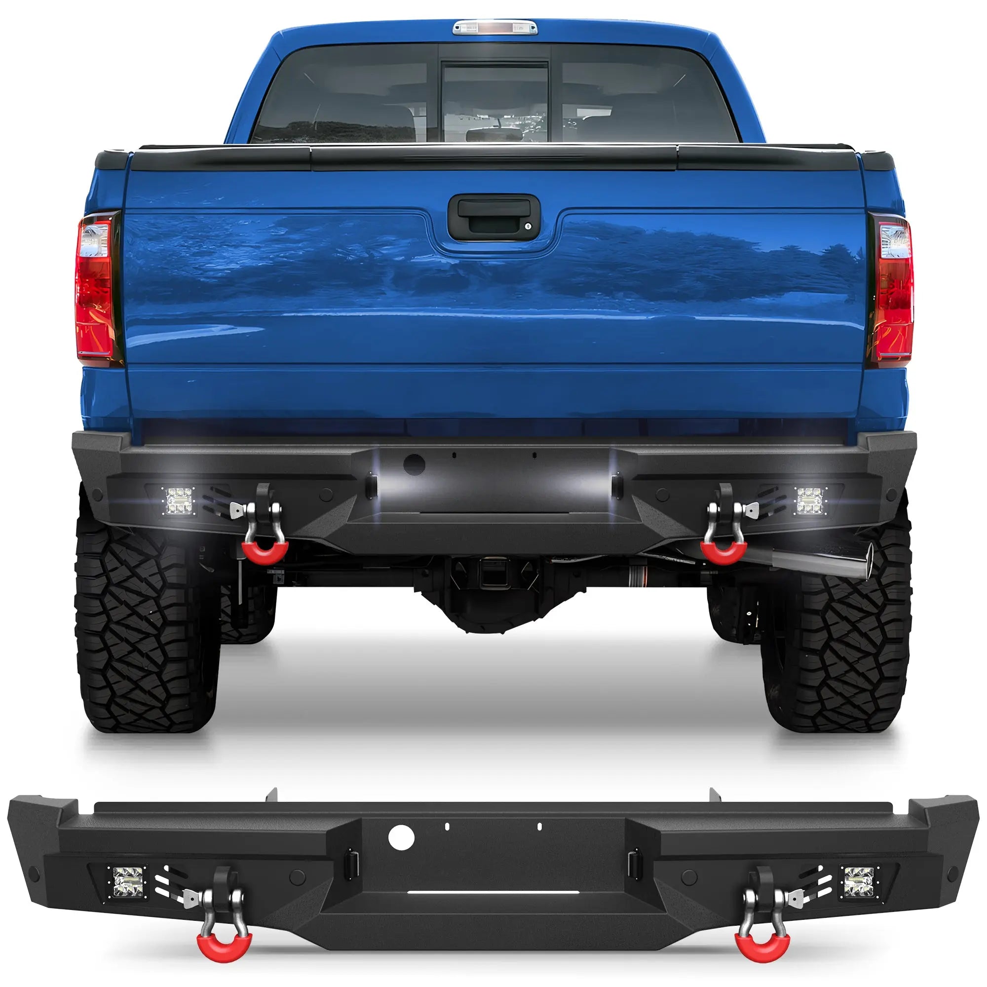 Rear Bumper for 1999-2016 Ford F250/F350/F450 Full Width Offroad Bumper w/Step Plate, 2x18w Lights, D-rings, License Plate Lights POFENZE