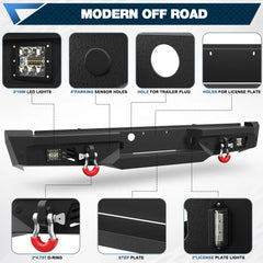 Rear Bumper for 1999-2016 Ford F250/F350/F450 Full Width Offroad Bumper w/Step Plate, 2x18w Lights, D-rings, License Plate Lights POFENZE
