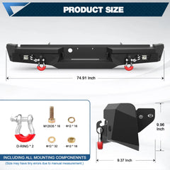 Rear Bumper for 1999-2016 Ford F250/F350/F450 Full Width Offroad Bumper w/Step Plate, 2x18w Lights, D-rings, License Plate Lights POFENZE