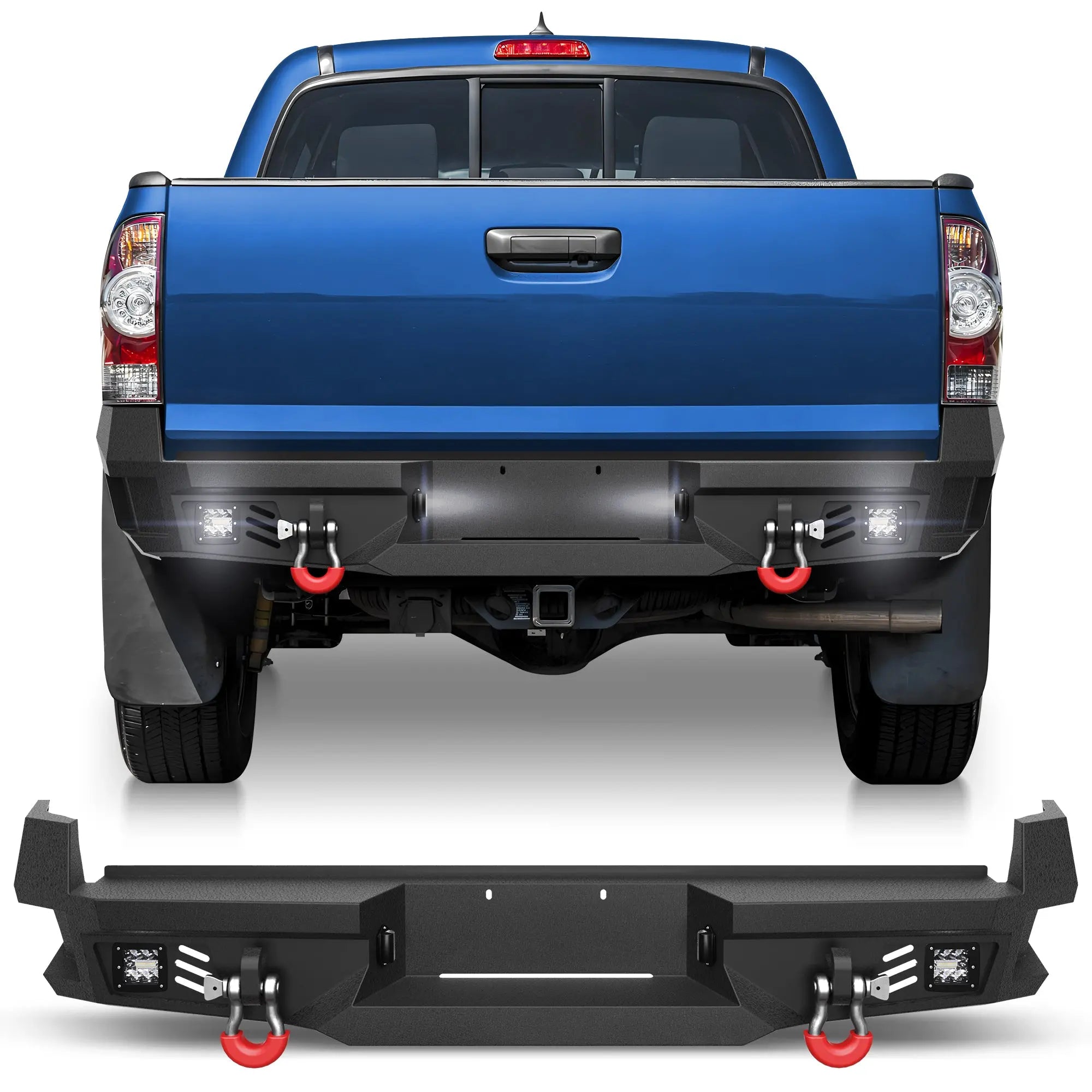 Rear Bumper for 2005-2015 Tacoma 2nd Gen Full Width Offroad Bumper w/Step Plate, 2x18w Lights, D-rings, License Plate Lights Pickup Trucks POFENZE