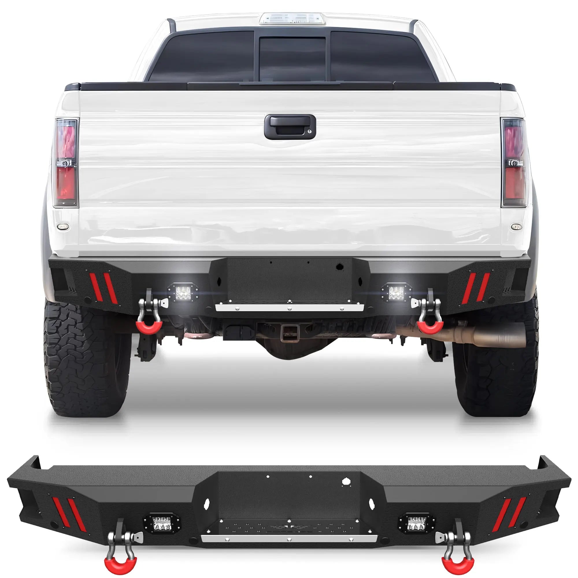Rear Bumper for 2010-2014 Ford F150 SVT Raptor Full Width Offroad Bumper w/Step Plate, 2x18w Lights, D-rings POFENZE