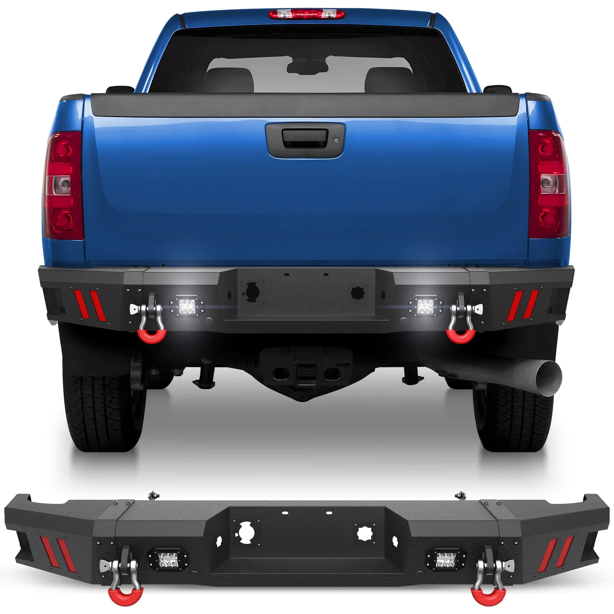 Rear Bumper for 2011-2014 Chevy Silverado/GMC Sierra 2500/3500 Full Width Offroad Bumper w/Step Plate, 2x18w Lights, D-rings for 2011-2014 Chevy Silverado and GMC Sierra 2500/3500 Trucks POFENZE