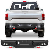 Rear Bumper for 2018-2020 Ford F150 Pickup Trucks Full Width Offroad Bumper w/Step Plate, 2x18w Lights, D-rings, License Plate Lights (Excluding Raptor) POFENZE