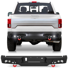 Rear Bumper for 2018-2020 Ford F150 Pickup Trucks Full Width Offroad Bumper w/Step Plate, 2x18w Lights, D-rings, License Plate Lights (Excluding Raptor) POFENZE