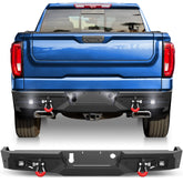 Rear Bumper for 2019-2024 Chevy Silverado/GMC Sierra 1500 Full Width Offroad Bumper w/Step Plate, 2x18w Lights, D-rings, License Plate Lights for 2019-2024 Chevy Silverado and GMC Sierra 1500 Trucks POFENZE