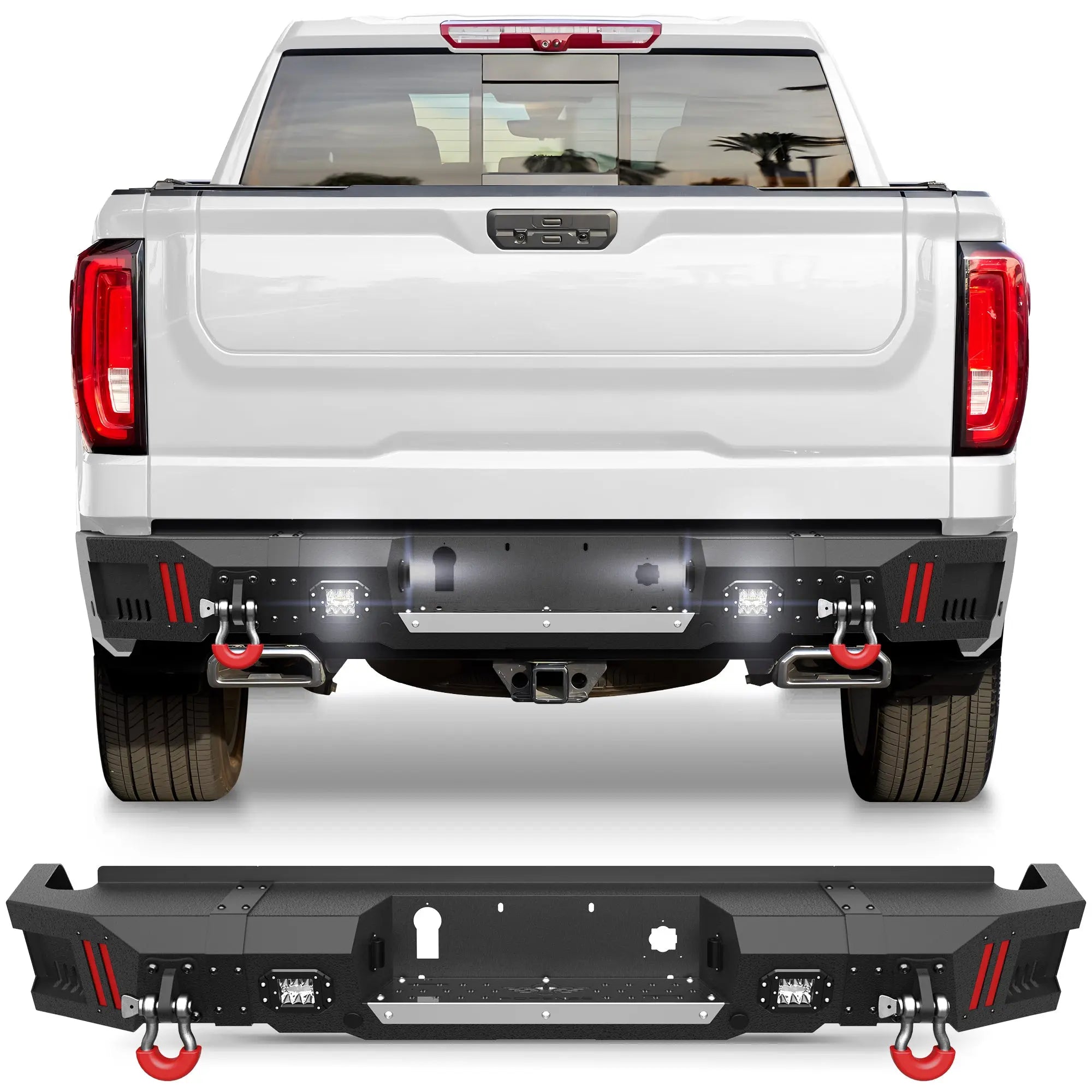 Rear Bumper for Chevy Silverado 1500 / GMC Sierra 1500 2019-2024 w/Step Plate, Lights, Sensor Holes and D-rings, Textured Black Pickup Truck Bumper POFENZE