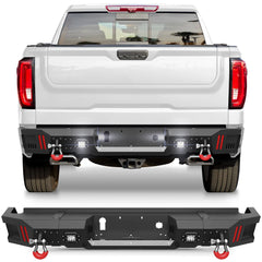 Rear Bumper for Chevy Silverado 1500 / GMC Sierra 1500 2019-2024 w/Step Plate, Lights, Sensor Holes and D-rings, Textured Black Pickup Truck Bumper POFENZE