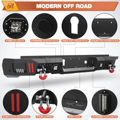 Rear Bumper for Chevy Silverado 1500 / GMC Sierra 1500 2019-2024 w/Step Plate, Lights, Sensor Holes and D-rings, Textured Black Pickup Truck Bumper POFENZE