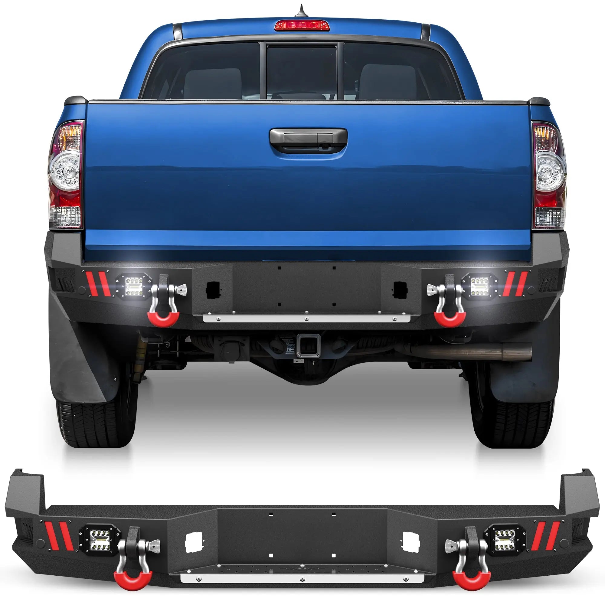 Rear Bumper w/D-rings, LED Lights, Sensor Holes, Stainless Steel Step Plate, Back Bumper for Tacoma 2nd Gen 2005 2006 2007 2008 2009 2010 2011 2012 2013 2014 2015 POFENZE