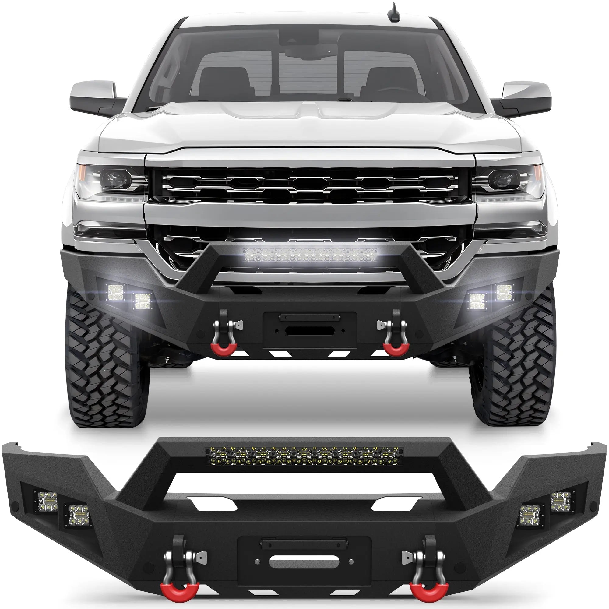 Silverado 1500 Front Bumper Compatible with Chevy Silverado 1500 2016 2017 2018 with Winch Plate, Lights and D-rings POFENZE