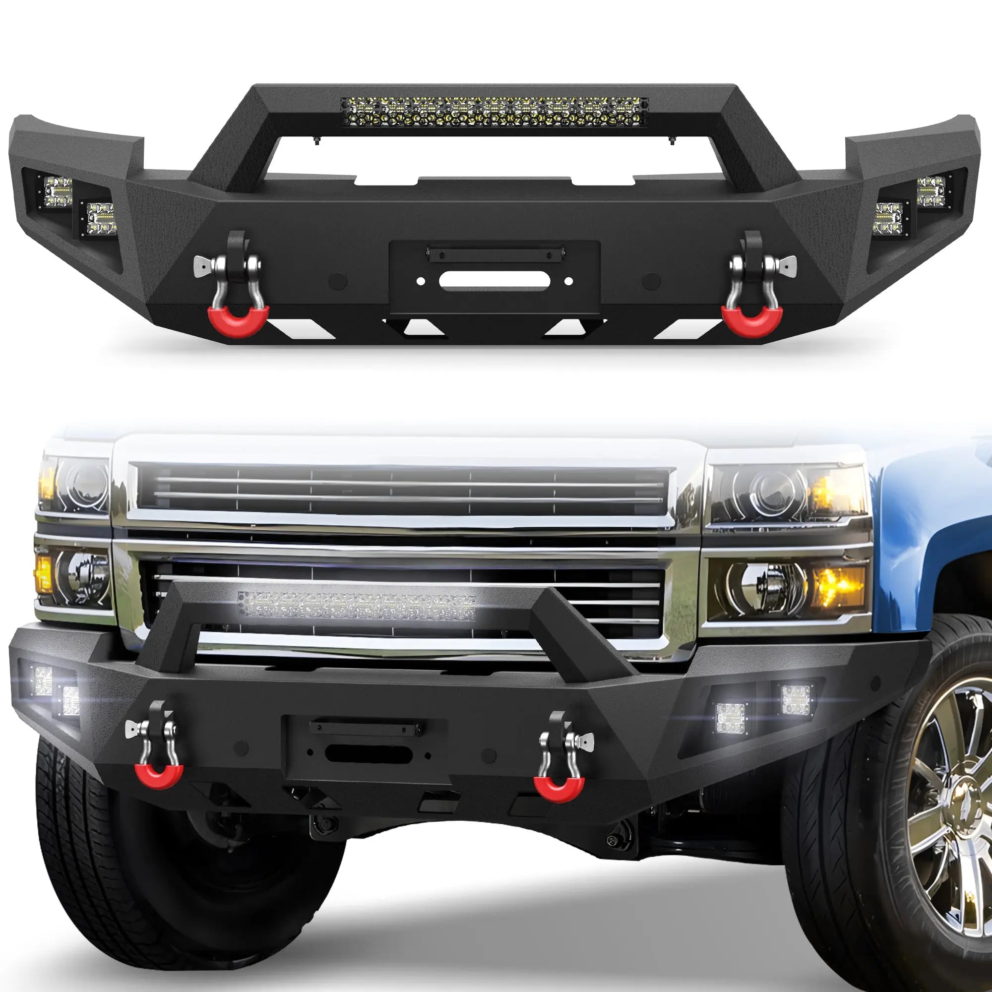 Silverado 1500 Front Bumper for 2014 2015 Chevy Silverado 1500 Pickup, Include Winch Plate, LED Lights and D-rings POFENZE