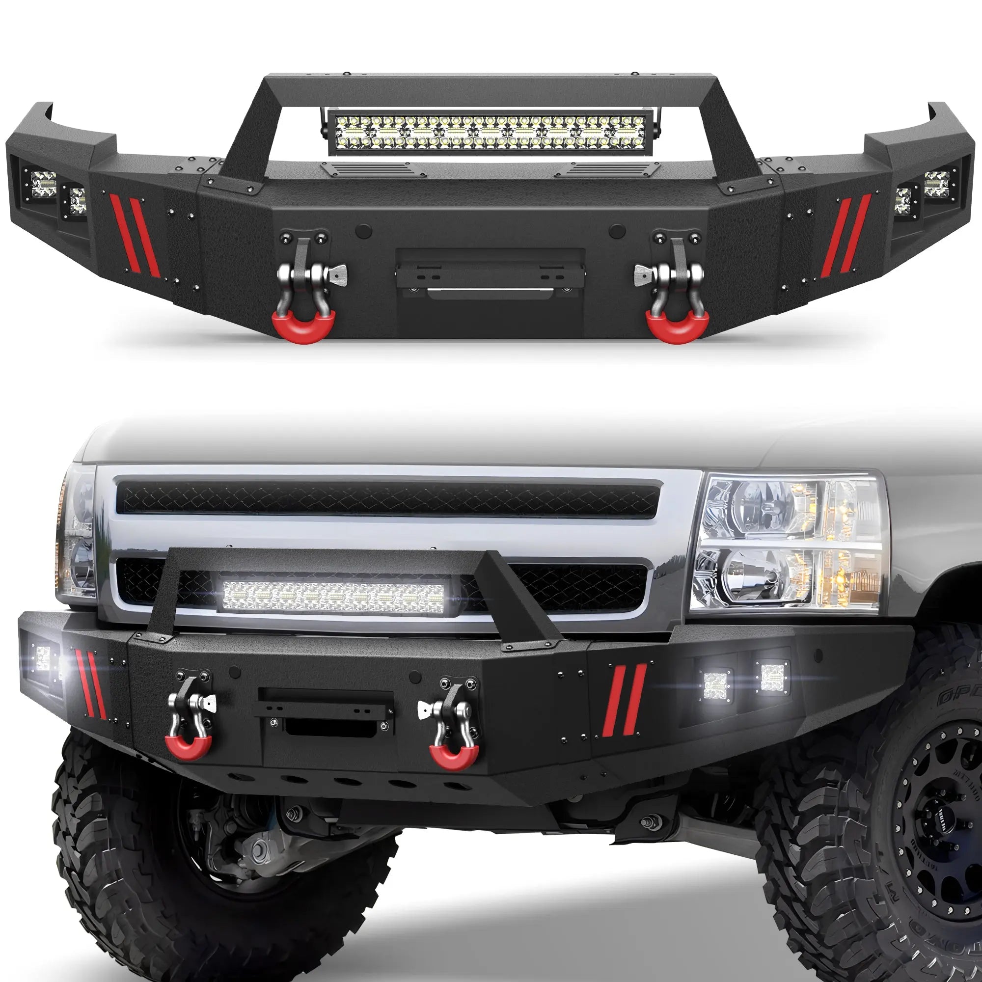 Silverado Full Width Front Bumper for Chevy Silverado 1500 2007-2013, Textured Black Pickup Truck Bumper for Silverado 2007-2013, with Winch Plate, Lights and D-rings POFENZE