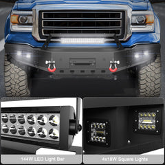 Steel Front Bumper for 2014-2015 GMC Sierra 1500, Textured Black Pickup Truck Bumper w/Winch Plate, Lights, D-rings, License Plate Mount POFENZE