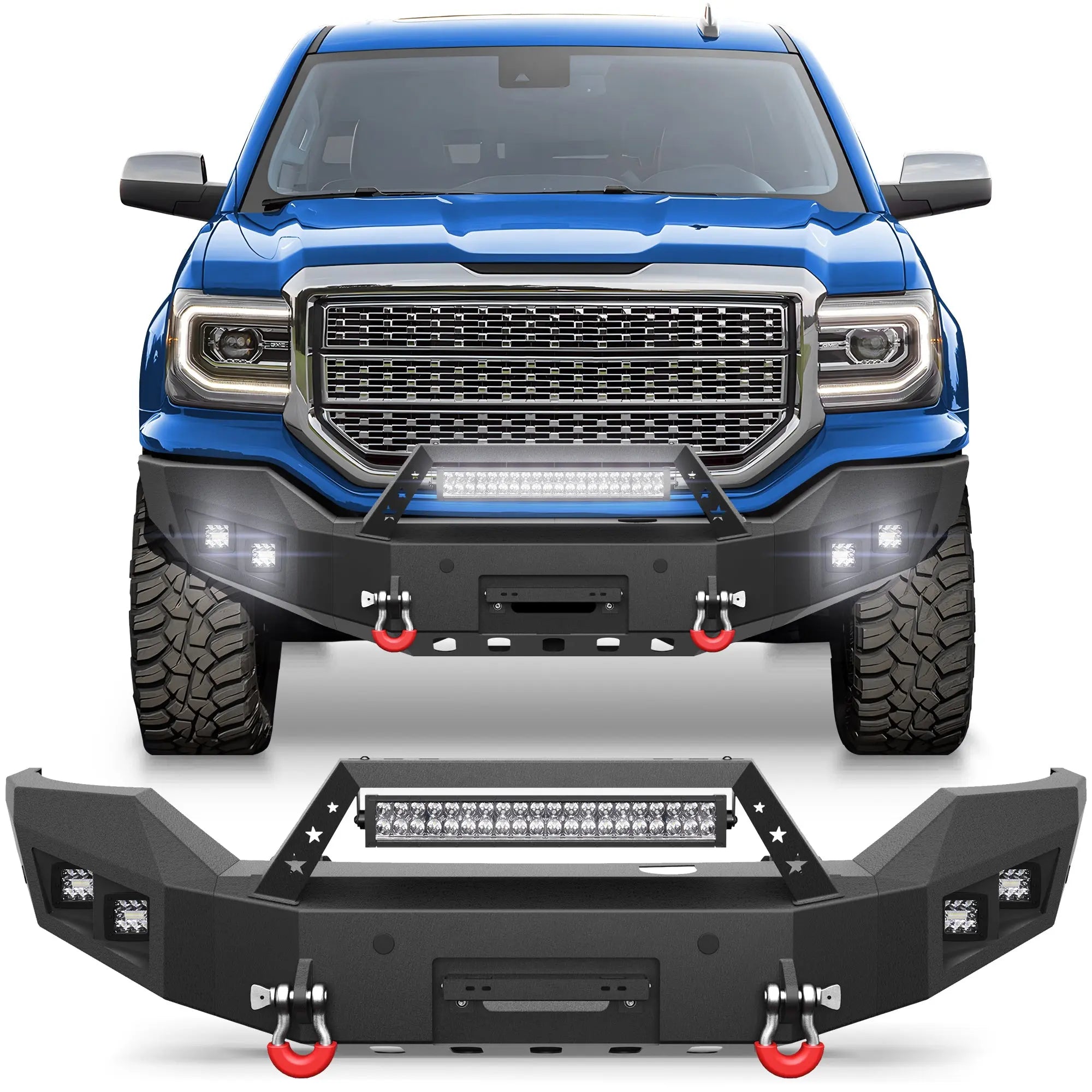 Steel Front Bumper for 2016-2018 GMC Sierra 1500, Textured Black Pickup Truck Bumper w/Winch Plate, Lights, D-rings, License Plate Mount POFENZE