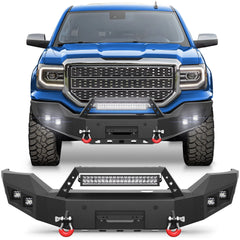 Steel Front Bumper for 2016-2018 GMC Sierra 1500, Textured Black Pickup Truck Bumper w/Winch Plate, Lights, D-rings, License Plate Mount POFENZE
