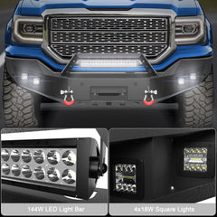 Steel Front Bumper for 2016-2018 GMC Sierra 1500, Textured Black Pickup Truck Bumper w/Winch Plate, Lights, D-rings, License Plate Mount POFENZE