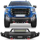 Steel Front Bumper for 2019-2022 GMC Sierra 1500, Textured Black Pickup Truck Bumper w/Winch Plate, Lights, D-rings, License Plate Mount (2019 Not Fit Limited and 2022 Only Fit Limited) POFENZE