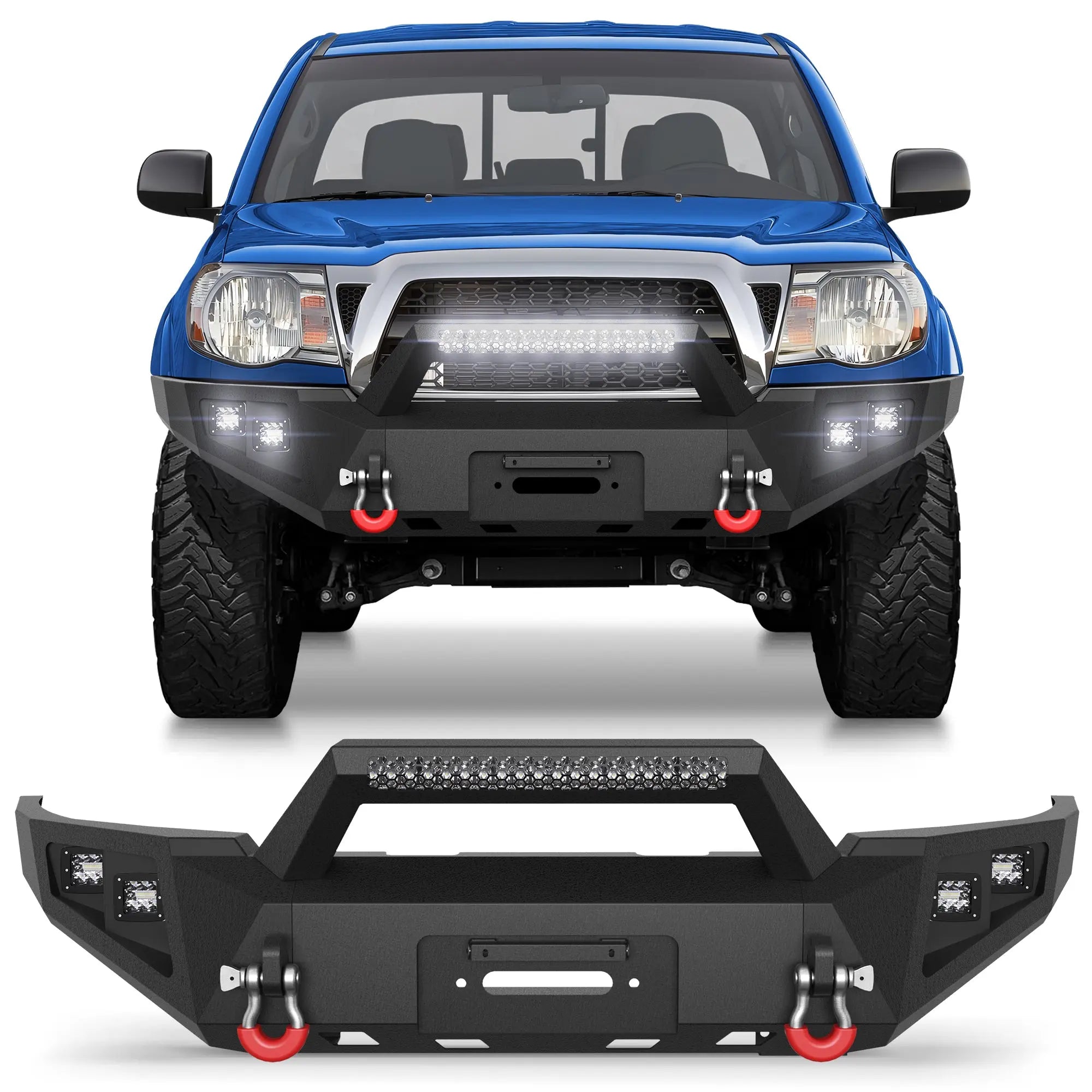 Tacoma Front Bumper Full Width for 2005-2015 Tacoma 2nd Gen Pickup, w/Winch Plate, LED Lights, D-rings and License Plate Bracket POFENZE