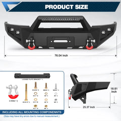Tacoma Front Bumper Full Width for 2005-2015 Tacoma 2nd Gen Pickup, w/Winch Plate, LED Lights, D-rings and License Plate Bracket POFENZE