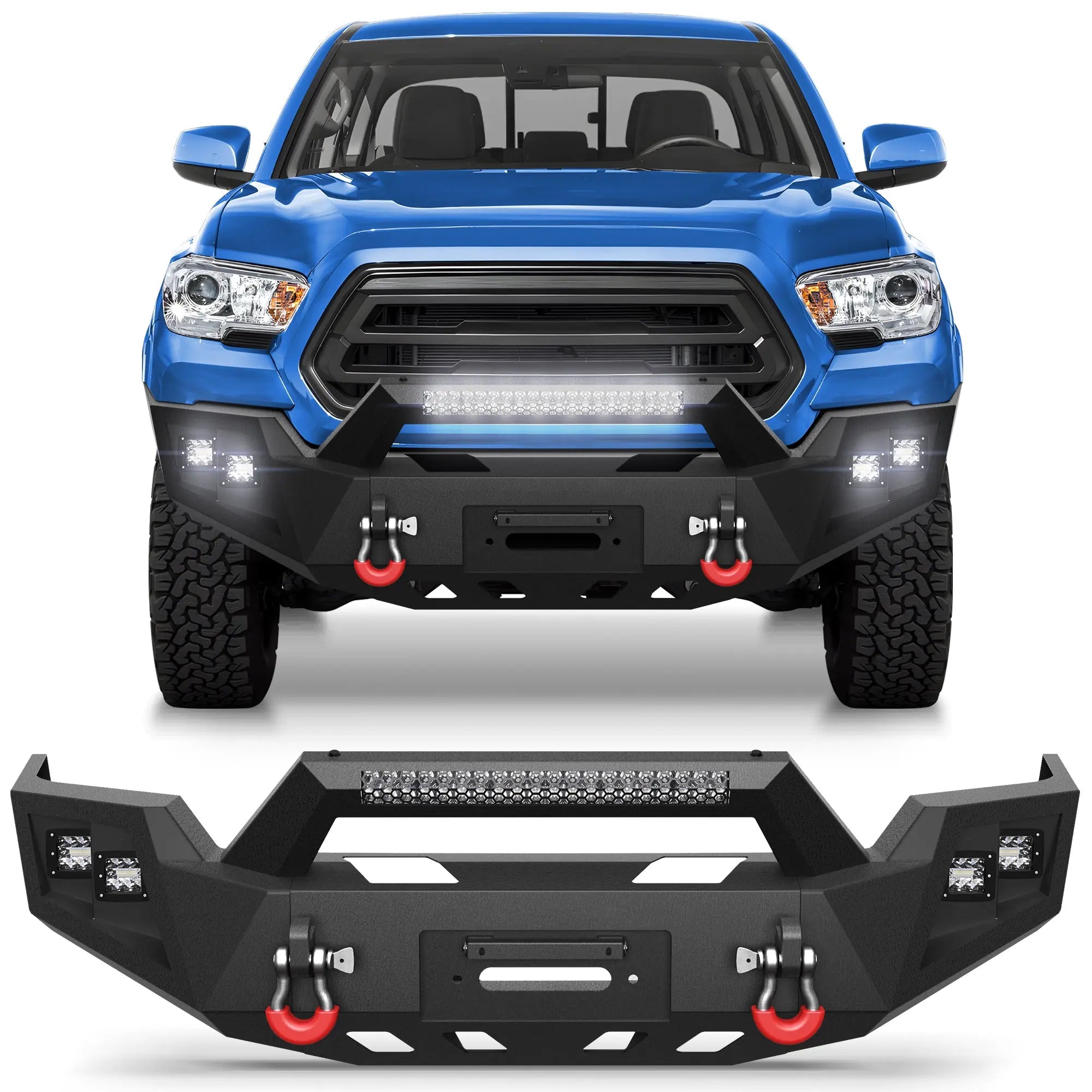 Tacoma Front Bumper w/Winch Plate, 144W Light Bar, 4x18w Lights, D-rings, License Plate Bracket for Toyota Tacoma 3rd Gen 2016-2023 POFENZE
