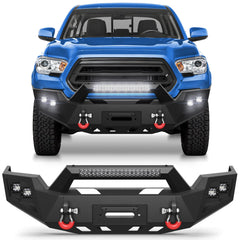 Tacoma Front Bumper w/Winch Plate, 144W Light Bar, 4x18w Lights, D-rings, License Plate Bracket for Toyota Tacoma 3rd Gen 2016-2023 POFENZE