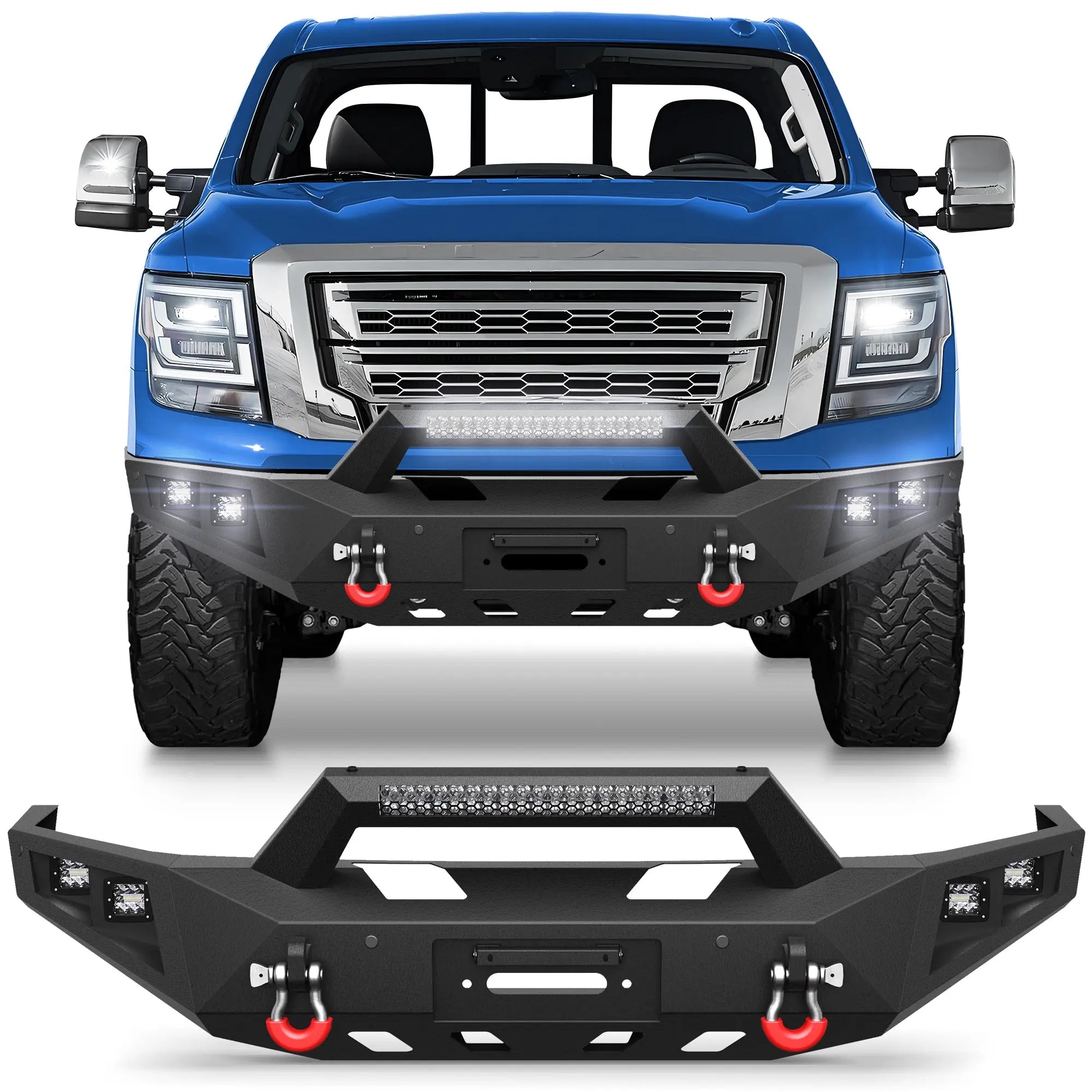 Titan Front Bumper Full Width for 2016-2024 Nissan Titan, w/Winch Plate, LED Lights, D-rings and License Plate Bracket (Not Fit XD and Intelligent Radar Sensors) POFENZE