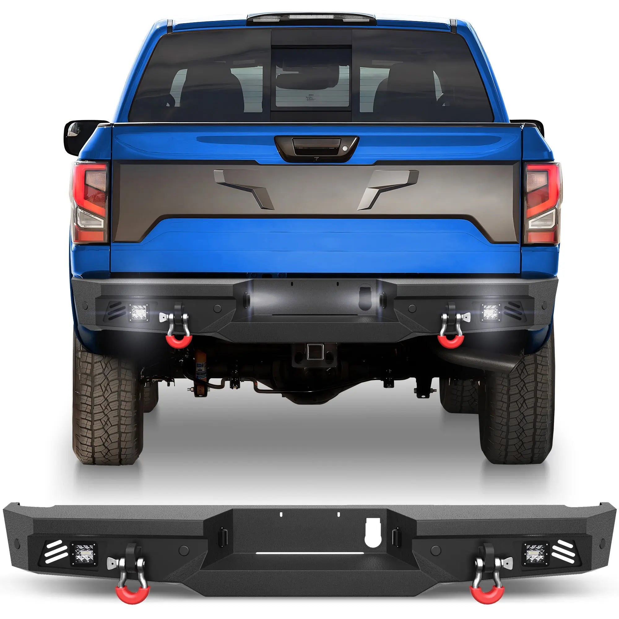 Titan Rear Bumper Full Width for 2016-2024 Nissan Titan, w/Step Plate, Fog Lights, License Plate Lights and D-rings (Not Fit Intelligent Radar Sensors) POFENZE