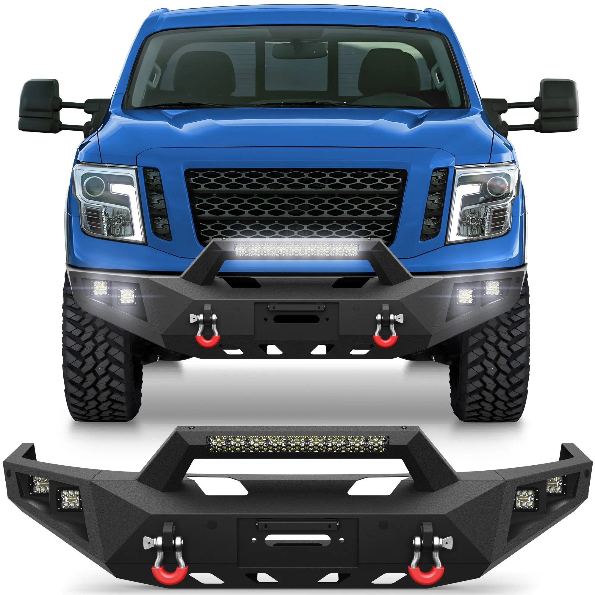 Titan XD Front Bumper Full Width for 2016-2024 Nissan Titan XD only, w/Winch Plate, LED Lights, D-rings and License Plate Bracket POFENZE