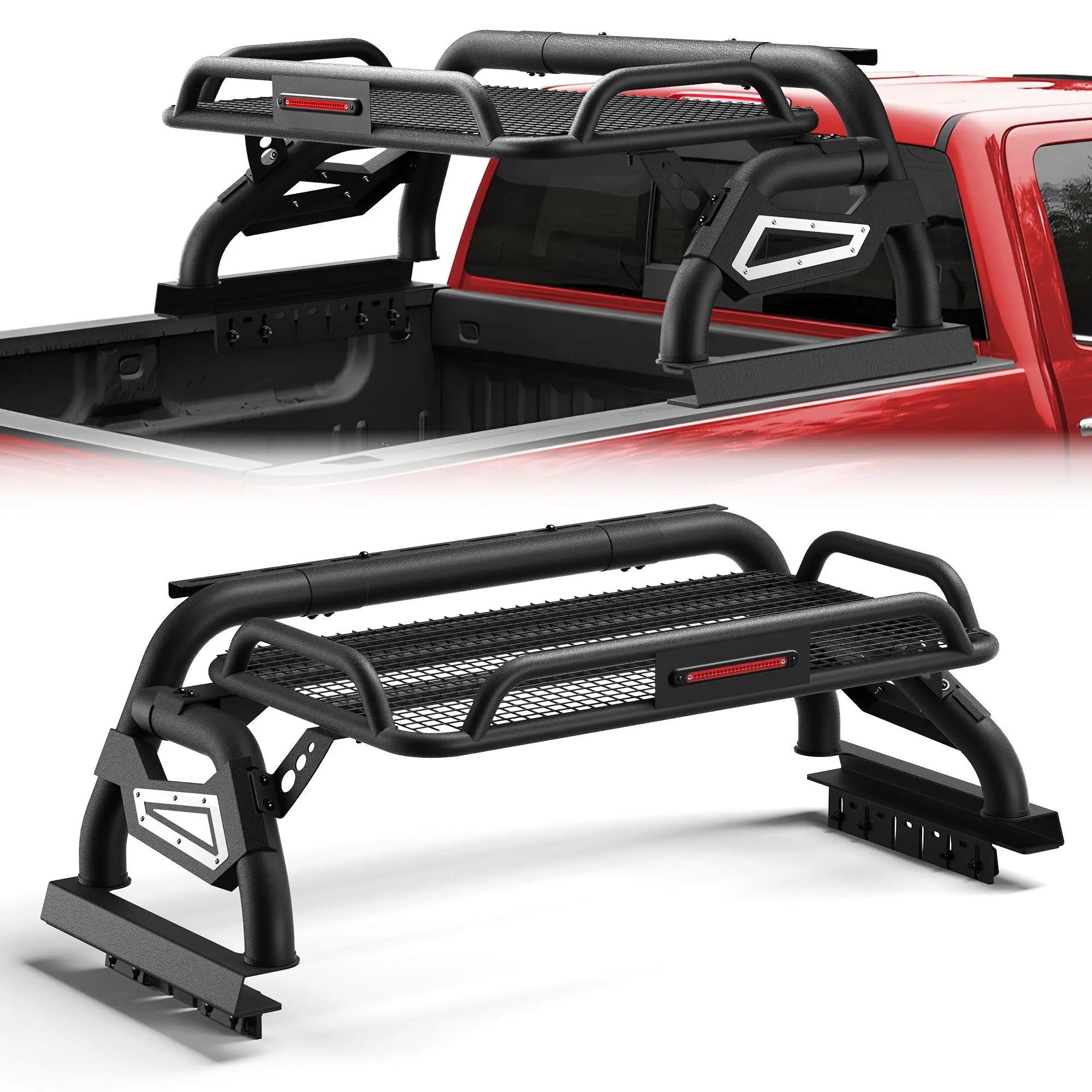 Truck Roll Bar with Cargo Carrier Basket for Full Size Trucks Heavy Duty Chase Rack Sport Bar Compatible with Ford F150, Ram 1500, Chevy Silverado, Tundra, Titan & GMC Sierra POFENZE