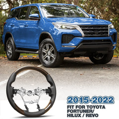 Walnut Wood Steering Wheel for Toyota Hilux/Revo/Fortuner 2015-2022 D-shaped Flat-bottom Steering Wheel Preforated Leather Grip Hand-Stitched POFENZE