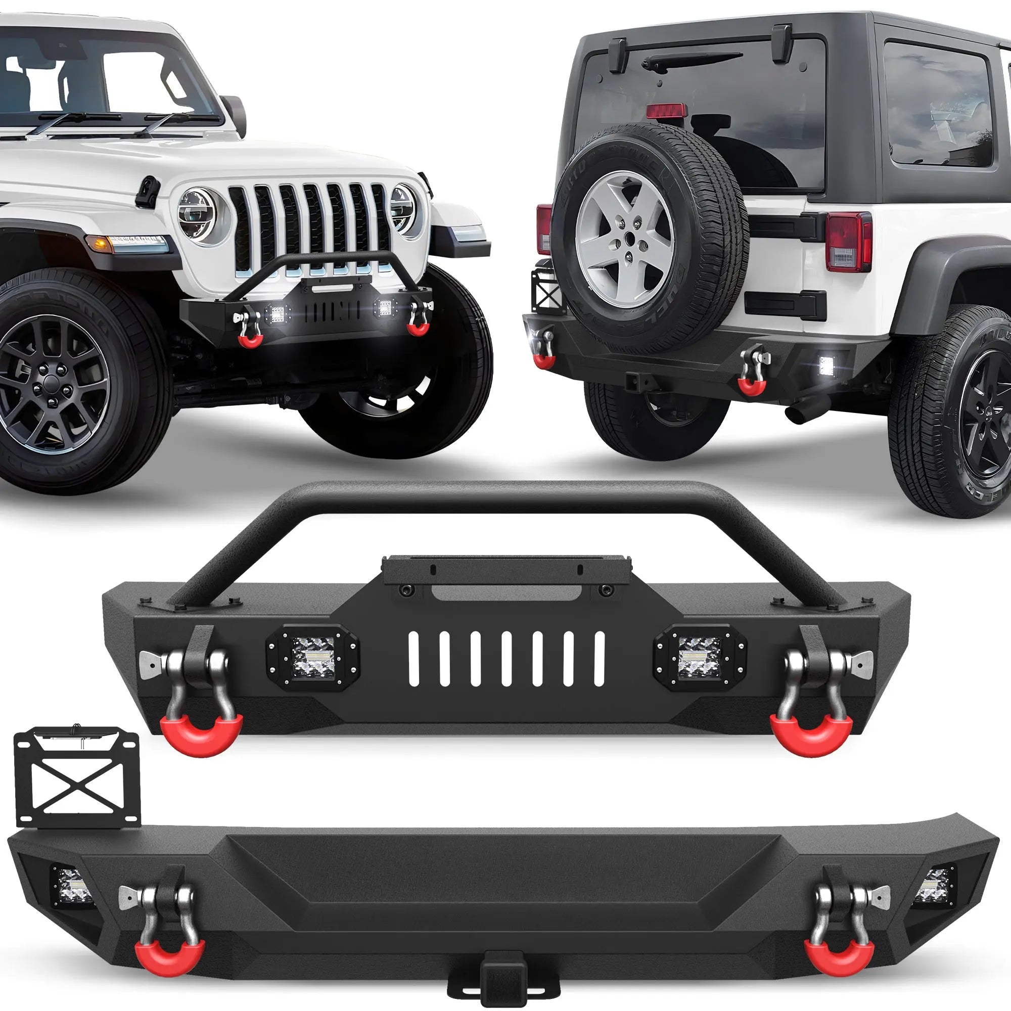 Wrangler JK Front Bumper + Rear Bumper Mid Width Offroad Bumper w/Winch Plate, D-ring and Lights Compatible with 2007-2018 Jeep Wrangler JK JKU Unlimited 2/4 Doors POFENZE