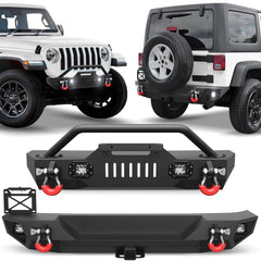 Wrangler JK Front Bumper + Rear Bumper Mid Width Offroad Bumper w/Winch Plate, D-ring and Lights Compatible with 2007-2018 Jeep Wrangler JK JKU Unlimited 2/4 Doors POFENZE