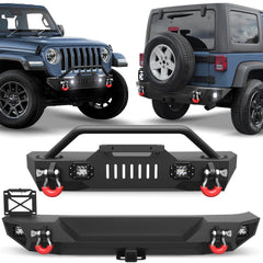 Wrangler JK Front Bumper + Rear Bumper Mid Width Offroad Bumper w/Winch Plate, D-ring and Lights Compatible with 2007-2018 Jeep Wrangler JK JKU Unlimited 2/4 Doors POFENZE