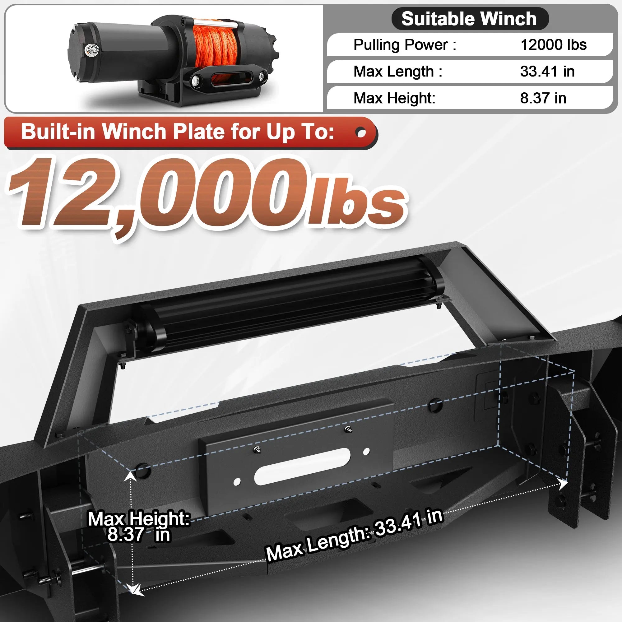 03-05 Ram 2500 Front Bumper Full Width Offroad Bumper w/Winch Plate, 144W Light Bar, 4x18w Lights, D-rings, License Plate Bracket for 2003-2005 Dodge Ram 2500/3500 Pickup Truck (Excl. Diesel) POFENZE