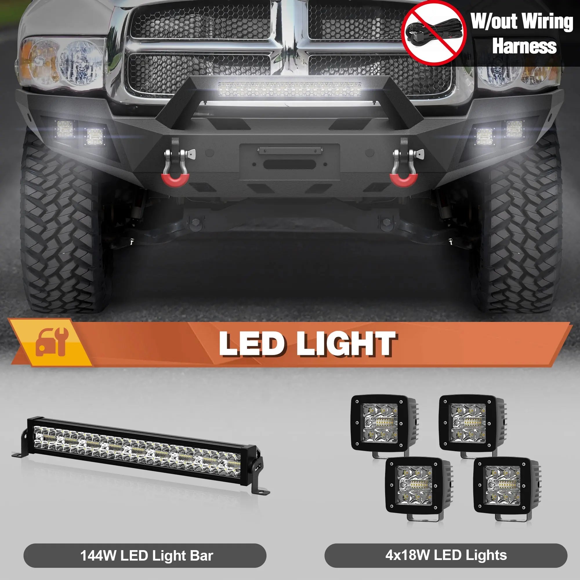 03-05 Ram 2500 Front Bumper Full Width Offroad Bumper w/Winch Plate, 144W Light Bar, 4x18w Lights, D-rings, License Plate Bracket for 2003-2005 Dodge Ram 2500/3500 Pickup Truck (Excl. Diesel) POFENZE