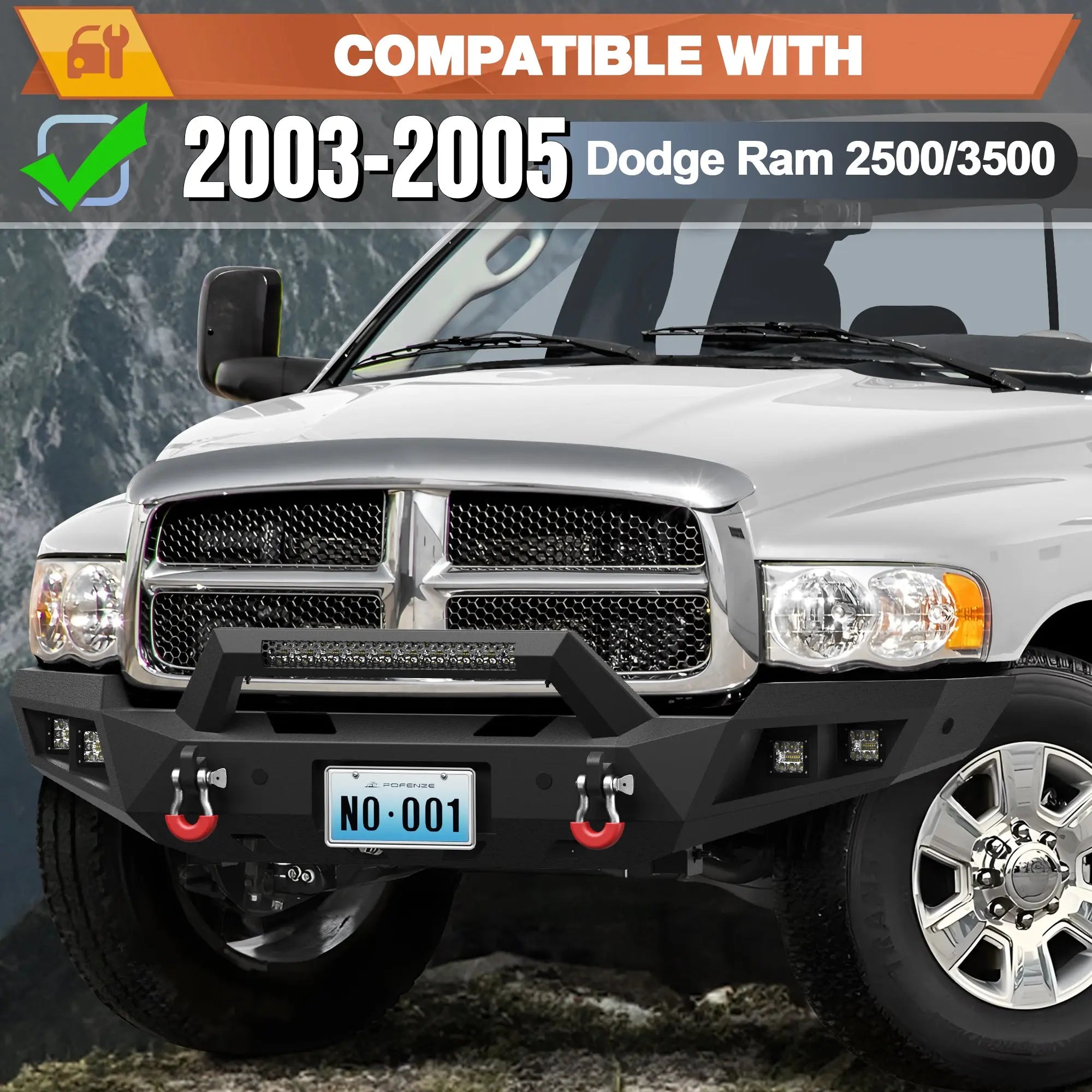 03-05 Ram 2500 Front Bumper Full Width Offroad Bumper w/Winch Plate, 144W Light Bar, 4x18w Lights, D-rings, License Plate Bracket for 2003-2005 Dodge Ram 2500/3500 Pickup Truck (Excl. Diesel) POFENZE