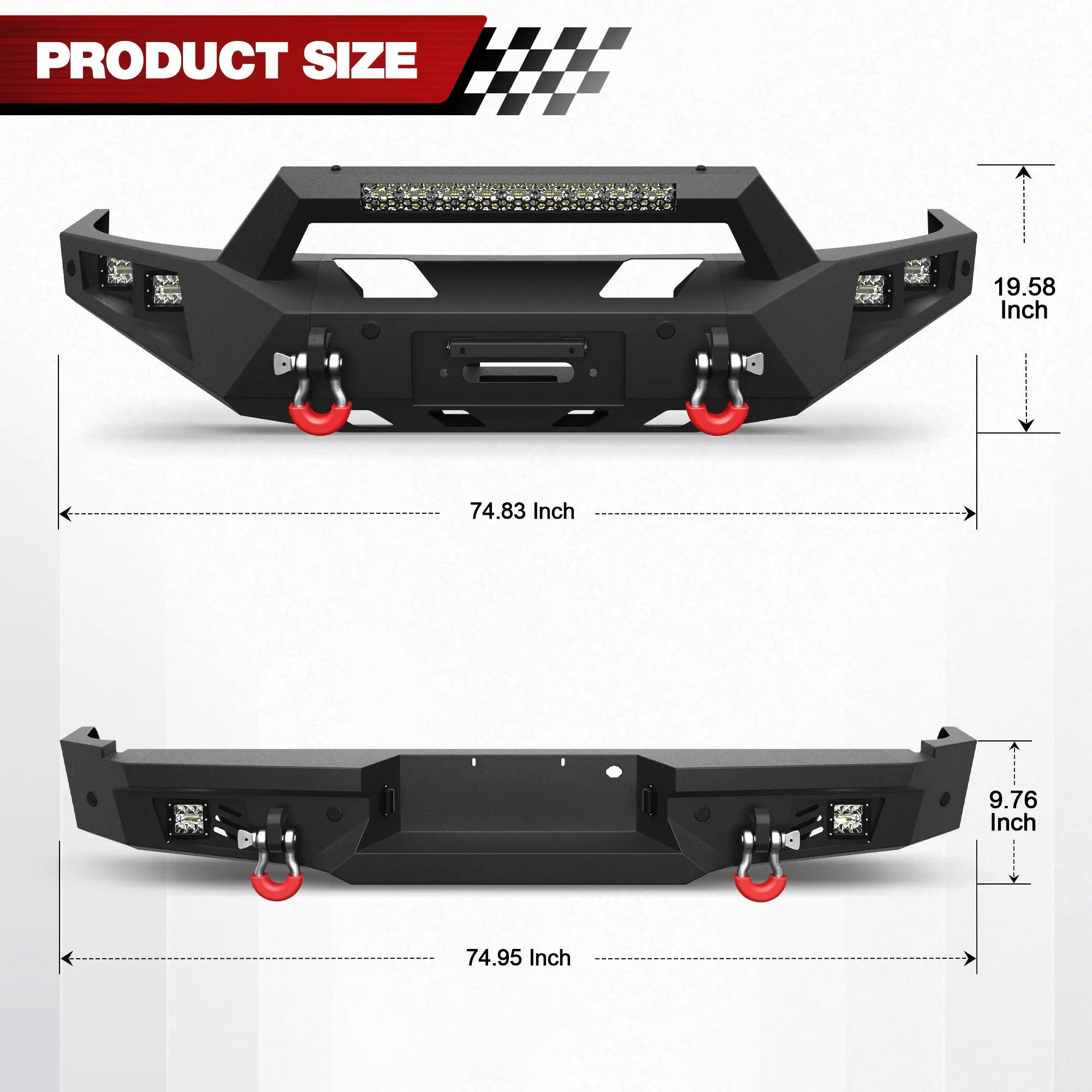 04-08 F150 Front Rear Bumper Set, Full Width Offroad Bumper w/Winch Plate, 144W Light Bar, 6x18w Fog Lights, D-rings, License Plate Bracket for 2004-2008 Ford F150 Truck POFENZE