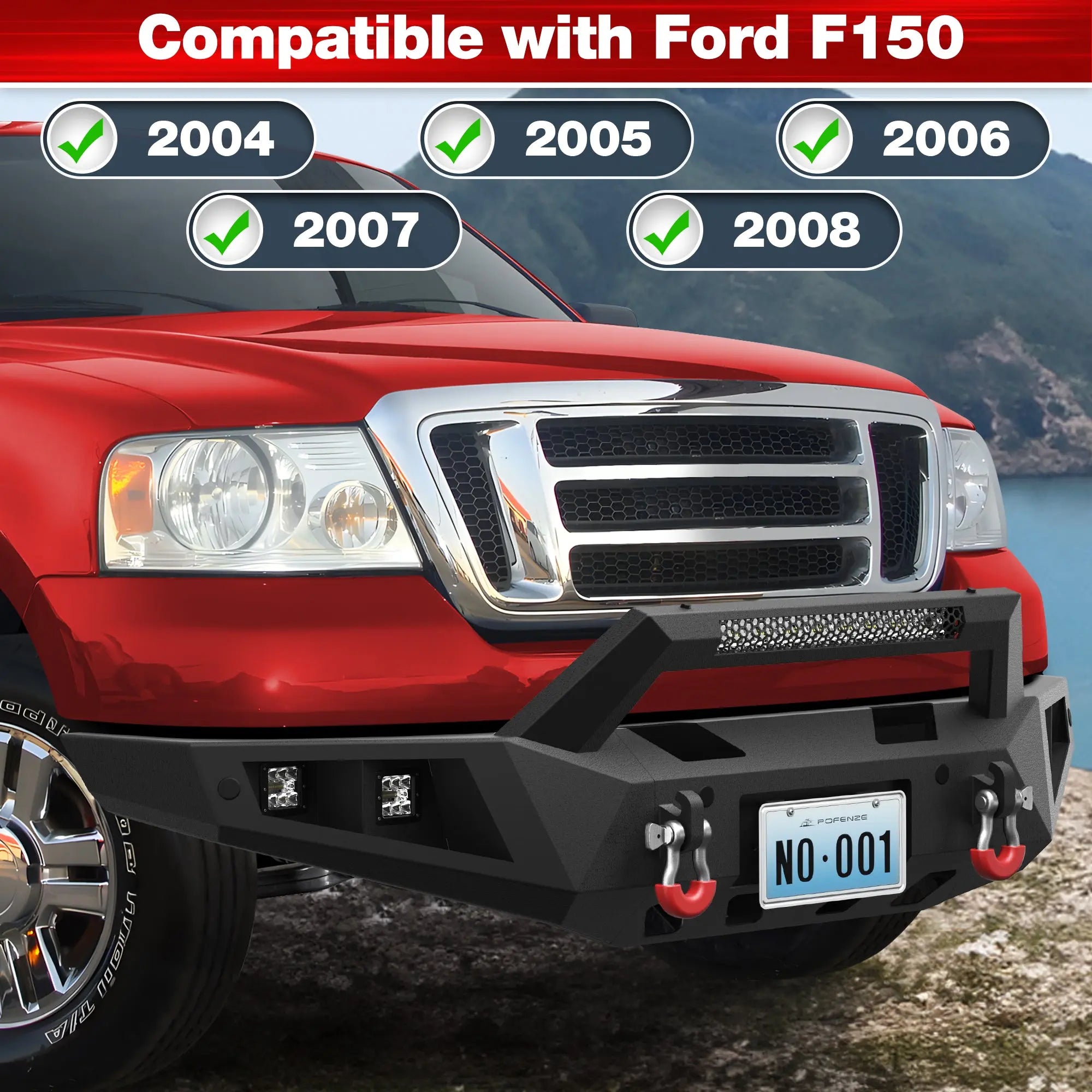04-08 F150 Front Rear Bumper Set, Full Width Offroad Bumper w/Winch Plate, 144W Light Bar, 6x18w Fog Lights, D-rings, License Plate Bracket for 2004-2008 Ford F150 Truck POFENZE