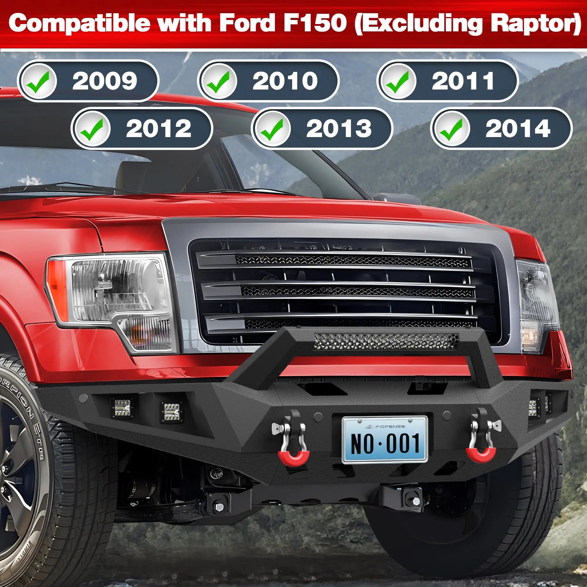09-14 F150 Front + Rear Bumper Set, Full Width Offroad Bumper w/Winch Plate, 144W Light Bar, 6x18w Fog Lights, D-rings, License Plate Bracket for 2009-2014 Ford F150 Truck (Excluding Raptor) POFENZE