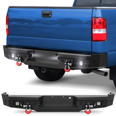 04-08 F150 Rear Bumper Full Width Offroad Bumper w/Step Plate, 2x18w Lights, D-rings, License Plate Lights for 2004-2008 Ford F150 Pickup Trucks