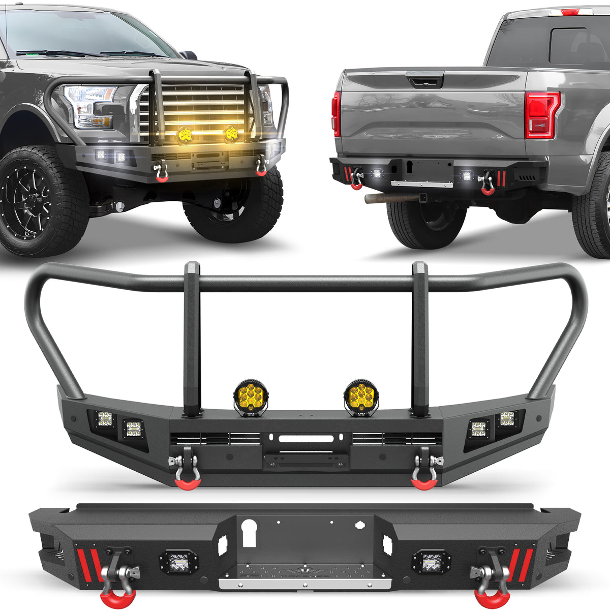 POFENZE F150 Front and Rear Bumper Set with Grille Guard for 2015 2016 2017 Ford F150