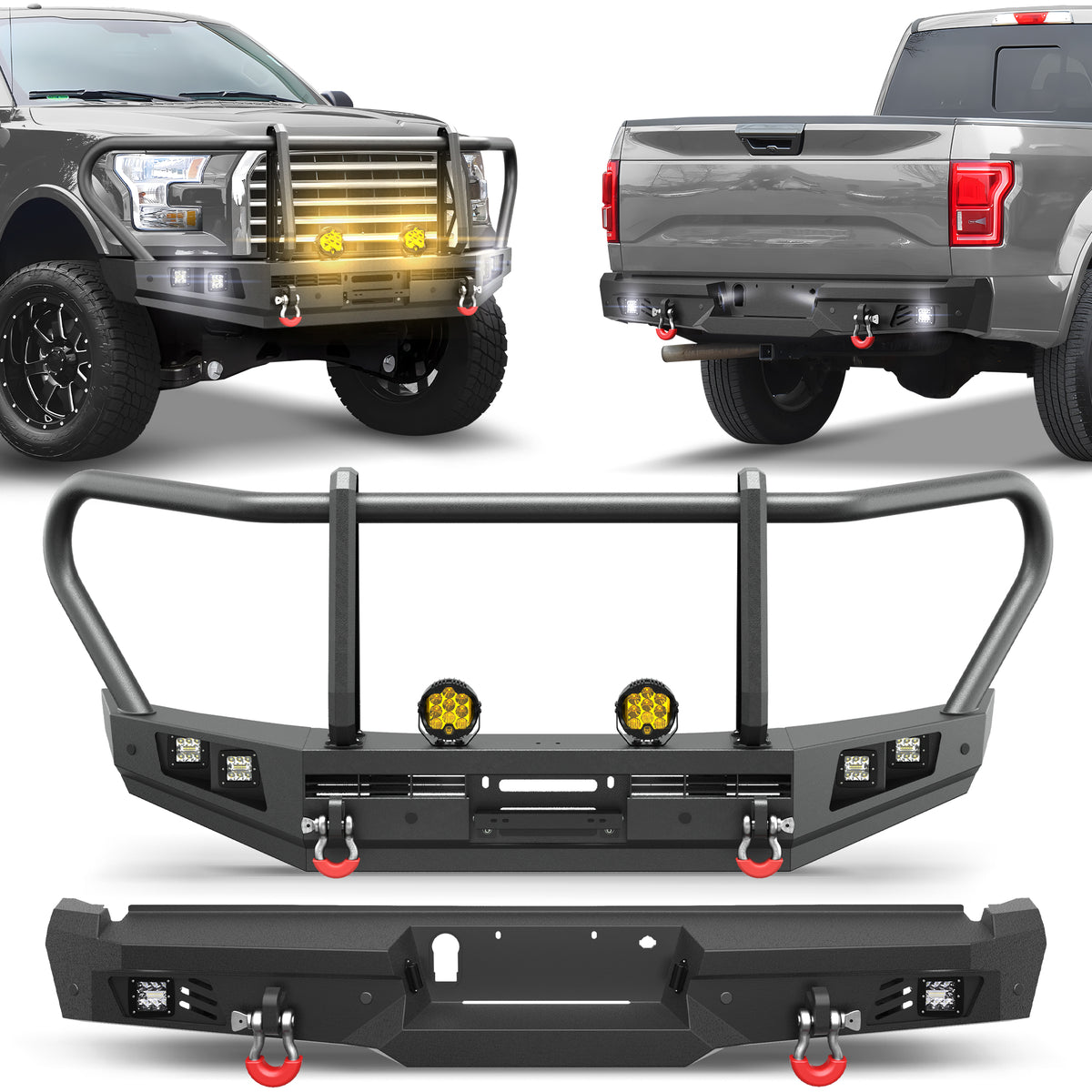 POFENZE F150 Front Bumper and Rear Bumper Set with Grille Guard for 2015 2016 2017 Ford F150