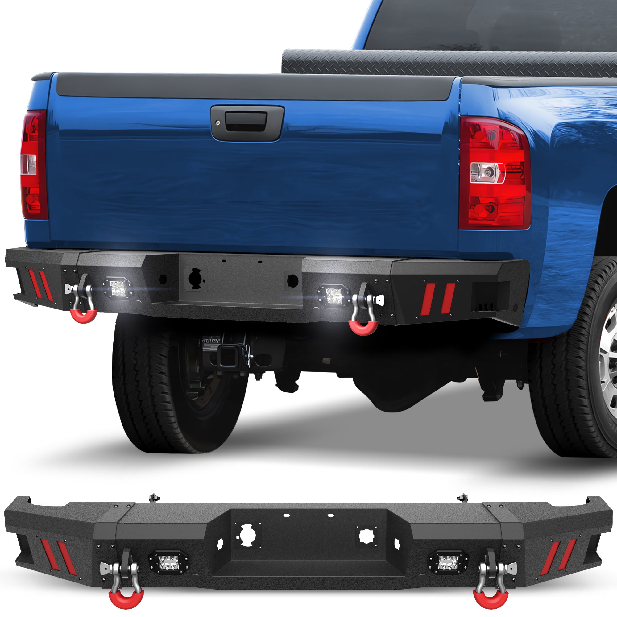 Rear Bumper for 2011-2014 Chevy Silverado/GMC Sierra 2500/3500 Full Width Offroad Bumper w/Step Plate, 2x18w Lights, D-rings for 2011-2014 Chevy Silverado and GMC Sierra 2500/3500 Trucks